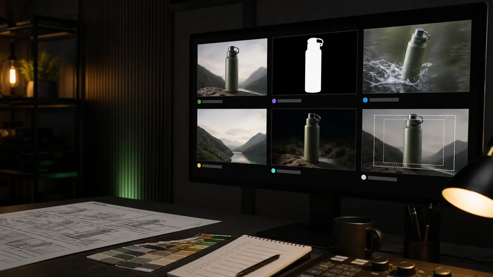 Postproduktionsmonitor mit Produkt, Masken, Bildausschnitten und visuellen Tests während eines Werbe-Preflights
