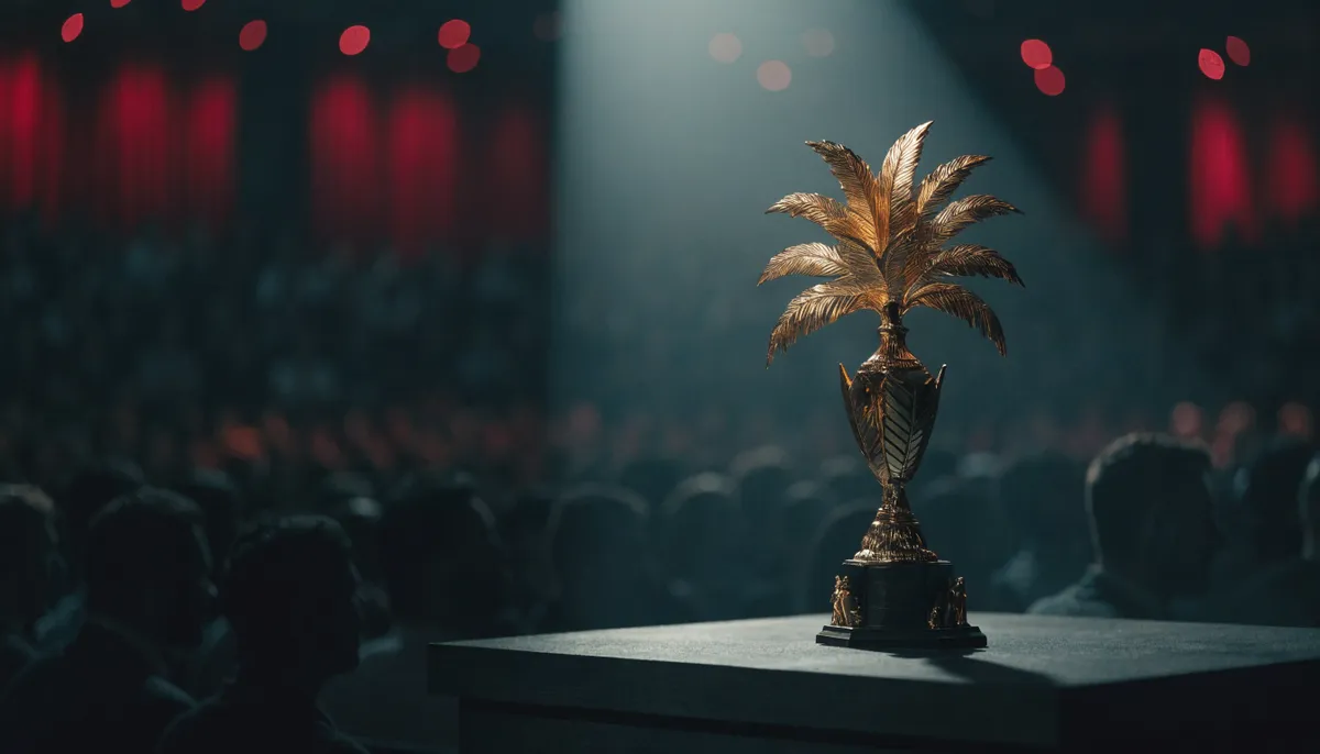 Trofeo dorado sobre un escenario oscuro iluminado por un foco, con el público de un festival de publicidad desenfocado al fondo