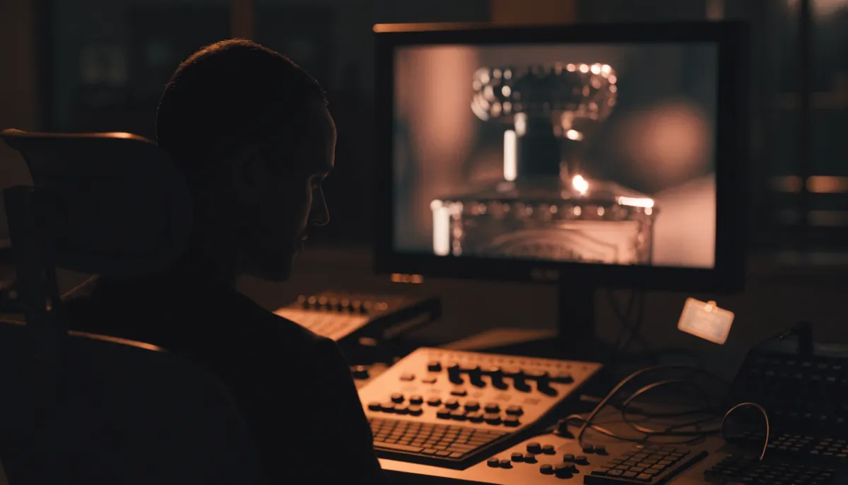 Grading suite with a monitor showing an advertising spot frame with a small glowing label in the corner