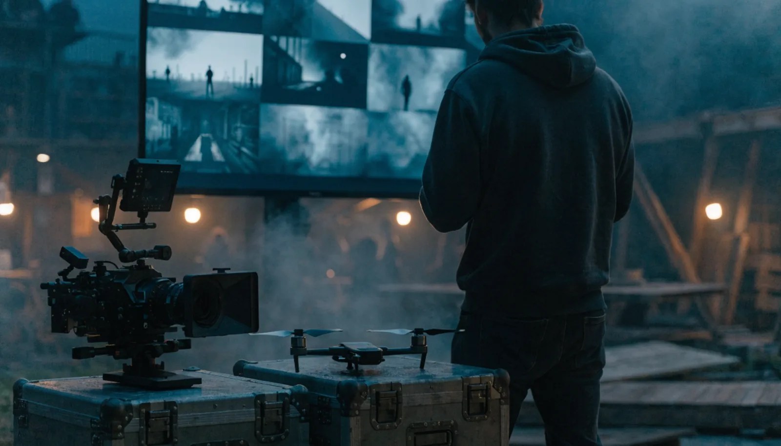 Director de cine revisa una secuencia de previsualización en un monitor en pleno set, con cámara y dron en primer plano