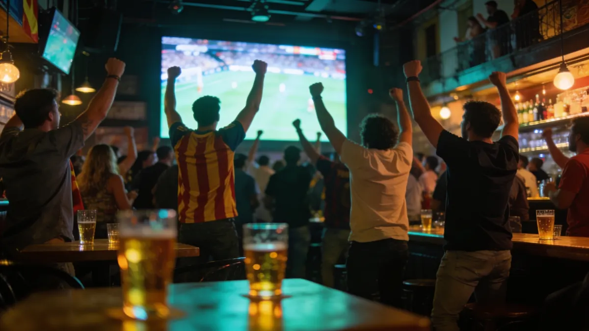 Aficionados celebrando un gol en un bar abarrotado, imagen generada con IA por EficiencIAl Studio