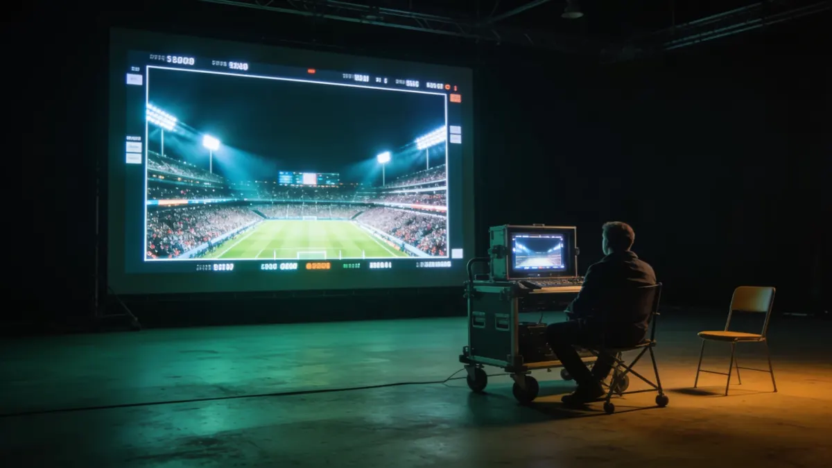 Director de producción solo en un plató vacío ante un monitor que muestra un estadio lleno, imagen generada con IA por EficiencIAl Studio