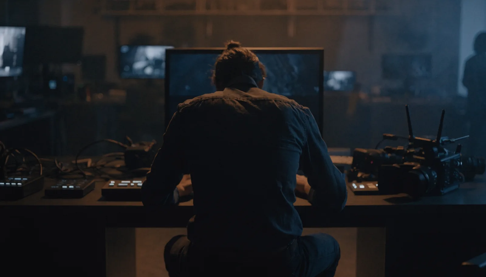 Sala de postproducción audiovisual en penumbra, con monitores de edición encendidos y un profesional revisando tomas de espaldas