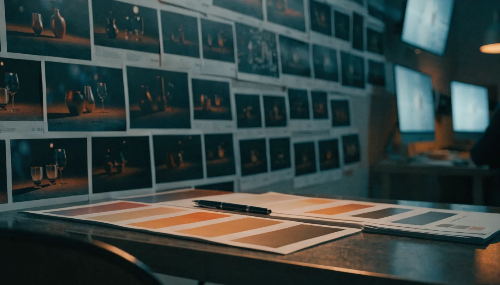 Sala de producción con múltiples variantes de una misma campaña publicitaria mostradas en pantallas bajo iluminación cinematográfica
