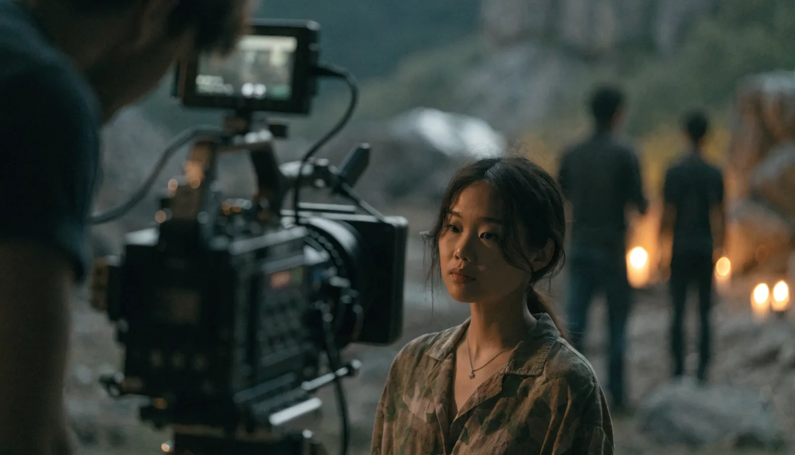 Real actress on a film set with cinema lighting, professional camera in the foreground