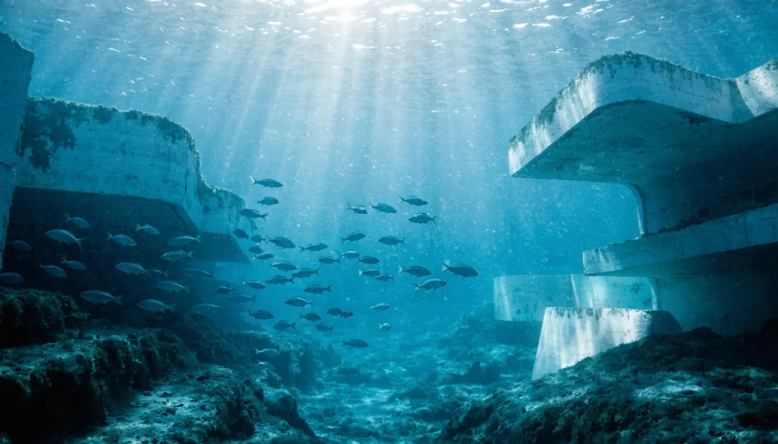 Edificios hundidos bajo el mar con rayos de luz, desarrollo visual Abades
