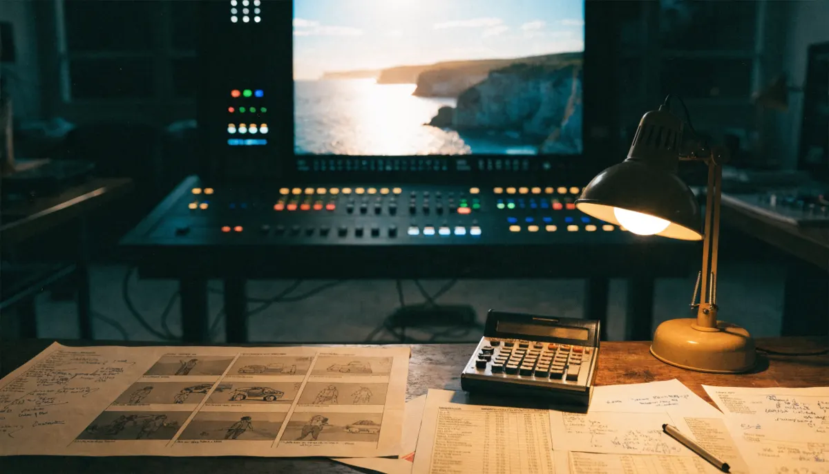 Production desk with a storyboard, calculator and a screen showing an AI-generated commercial in an edit suite