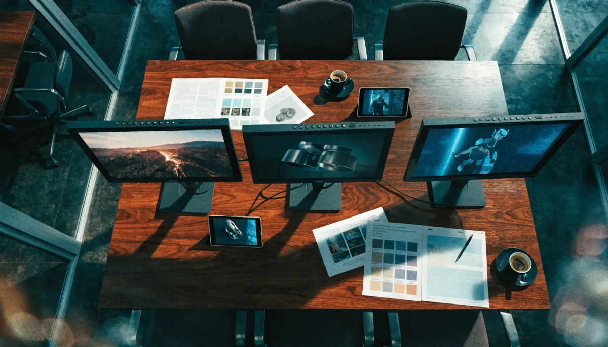 Overhead view of a meeting table with monitors showing stills from different AI video production companies