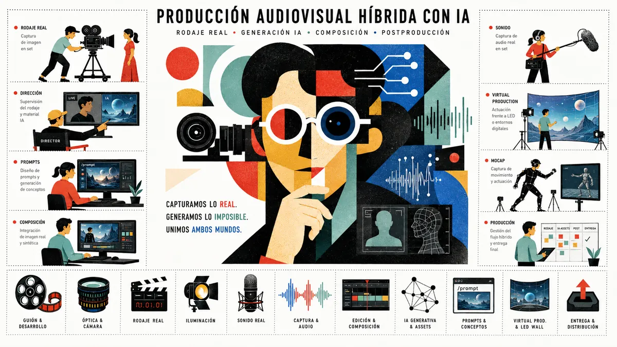 Rodaje audiovisual que combina cámara real y dron con generación por IA bajo dirección humana en EficiencIAl Studio
