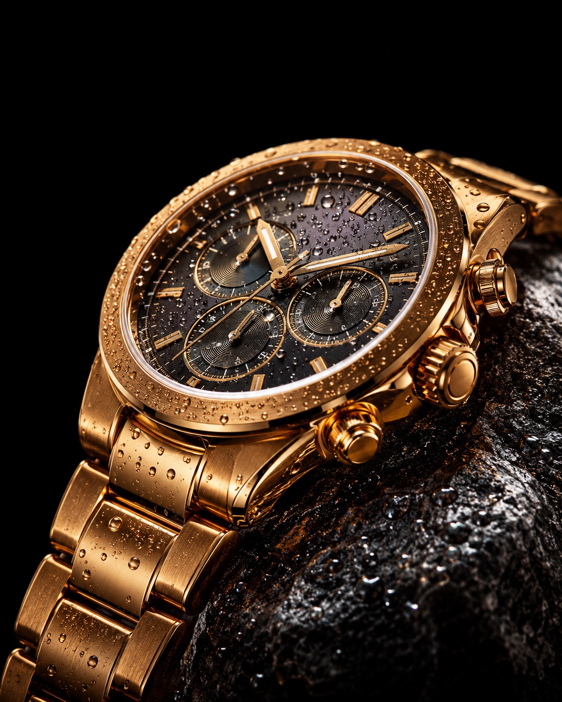 Gold luxury watch resting on wet volcanic stone with water droplets, fine watchmaking editorial