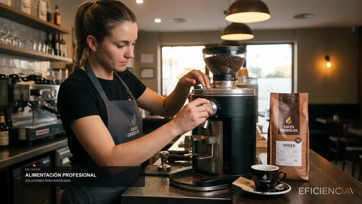 Fotograma del teaser B2B: una barista prepara café en una cafetería con luz cálida, plano generado con IA