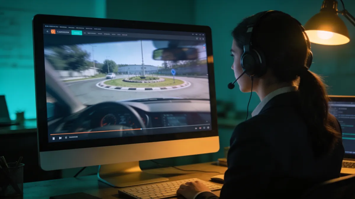 Alumna con auriculares siguiendo un curso de conducción en vídeo: en pantalla, la llegada a una rotonda. Imagen generada con IA