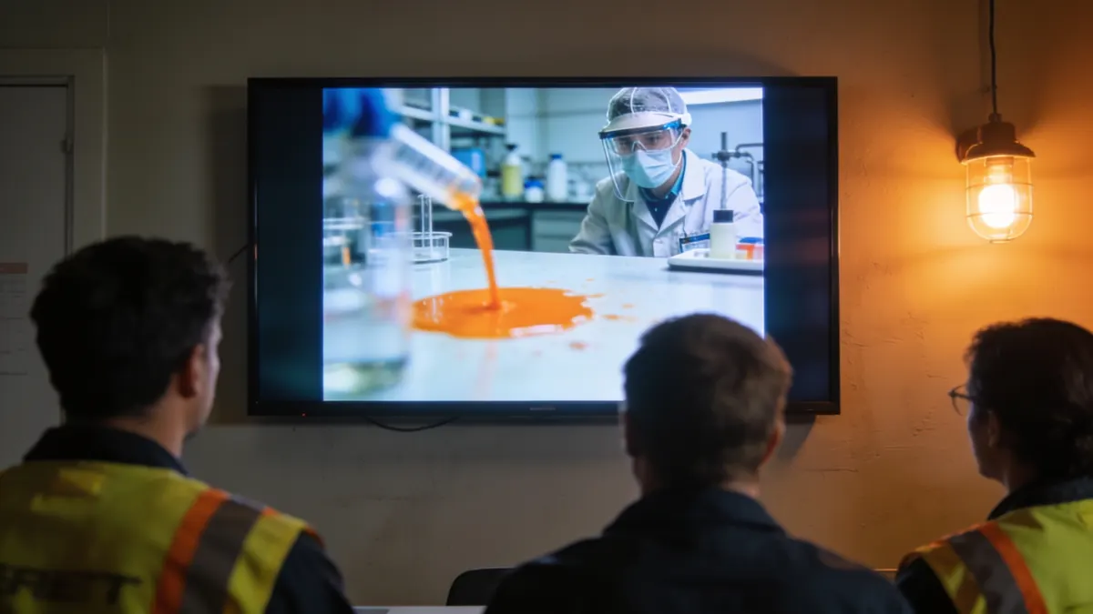Equipo con chalecos de seguridad viendo en sala el módulo de prevención: en pantalla, un derrame de reactivos recreado. Imagen generada con IA