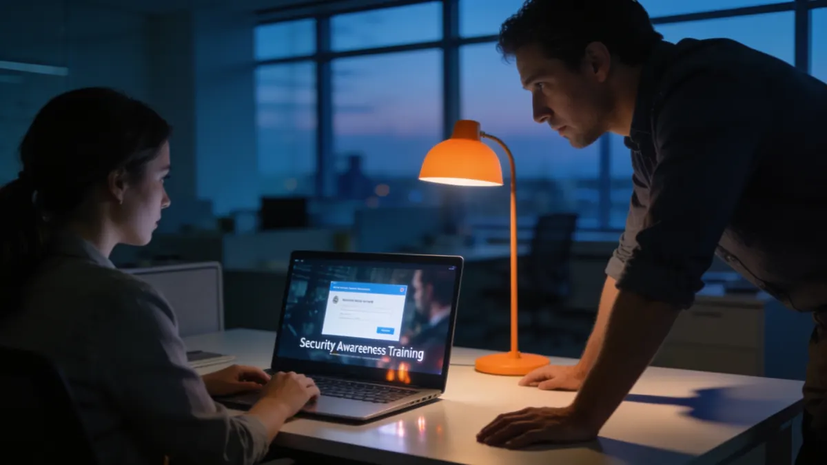 Dos empleados en la oficina viendo un micro-vídeo de concienciación en ciberseguridad en el portátil. Imagen generada con IA