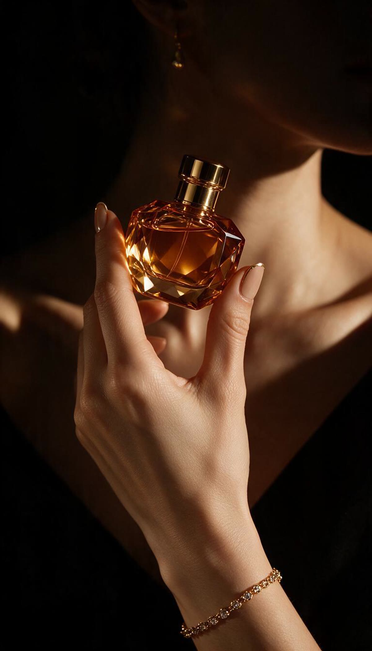 Mano con el frasco de perfume y luz dorada