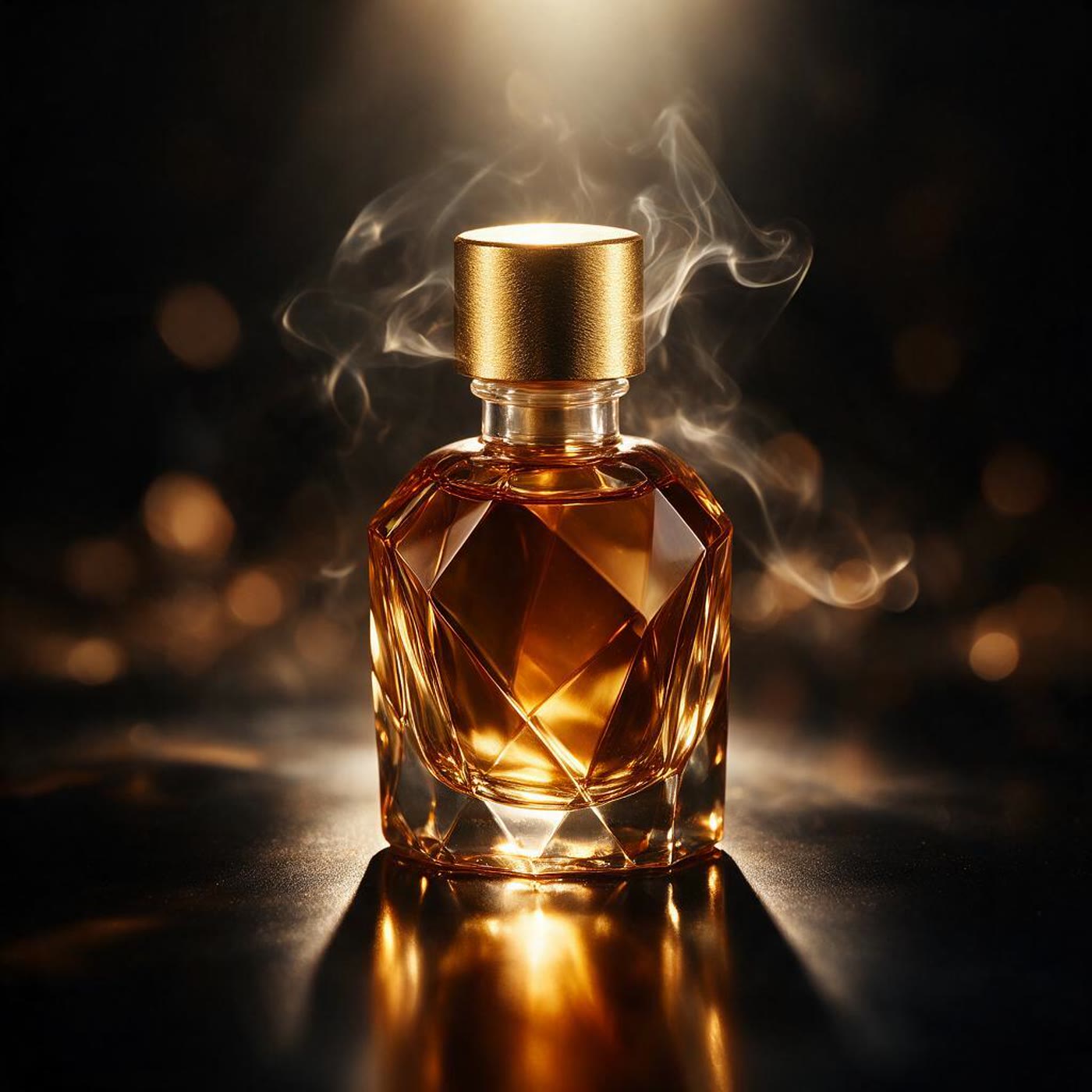 Frasco de perfume ámbar iluminado en la oscuridad