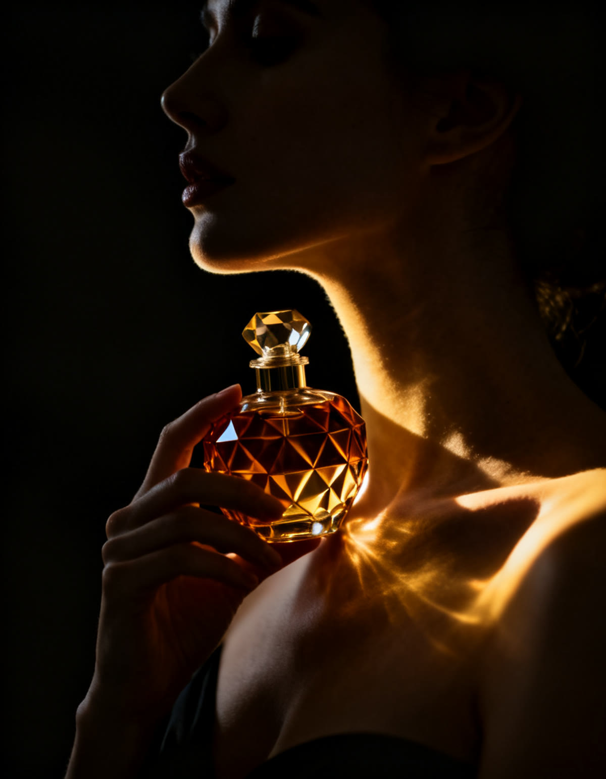 Perfil de mujer en penumbra con luz dorada sosteniendo el frasco de perfume