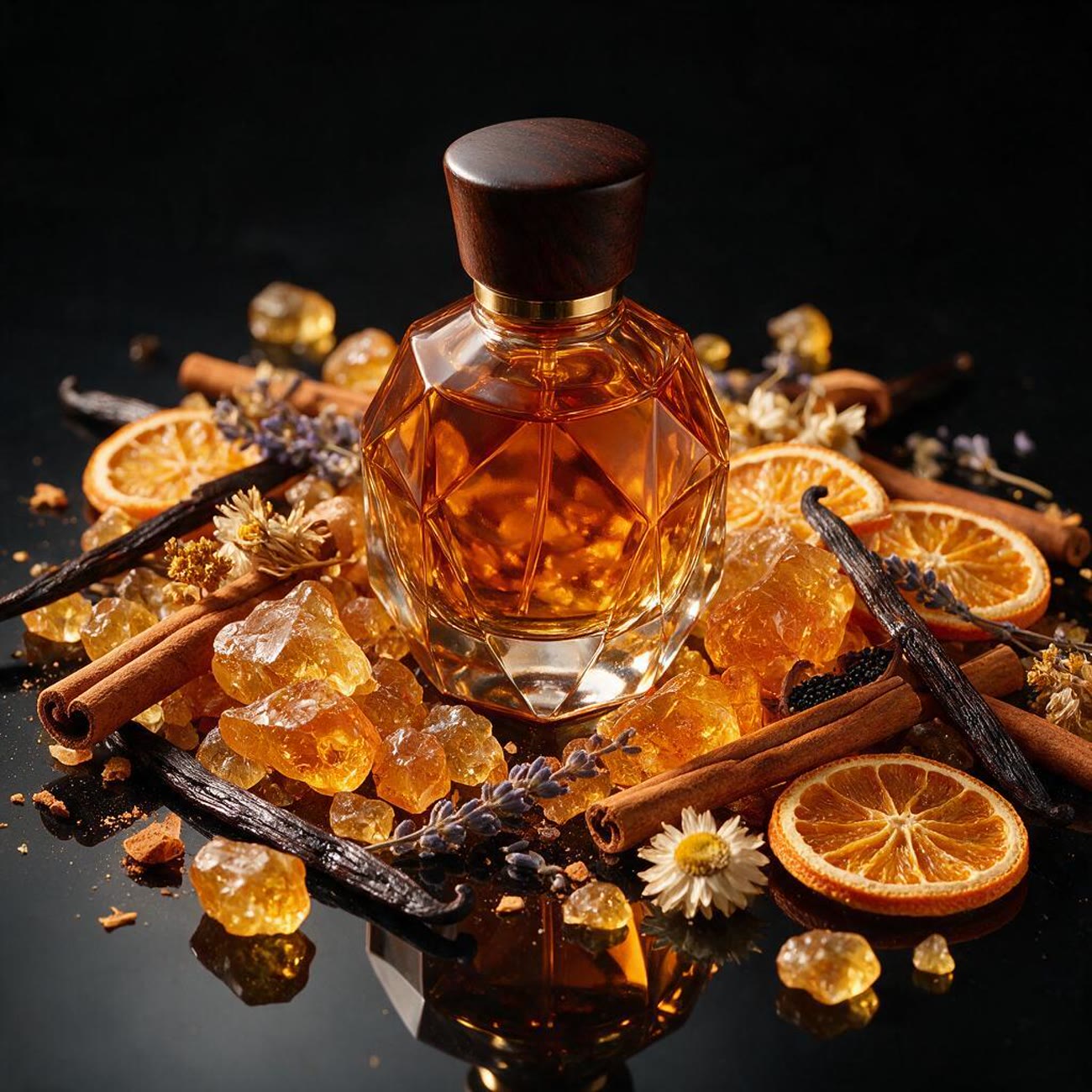 Frasco de perfume entre resina de ámbar, naranja y especias