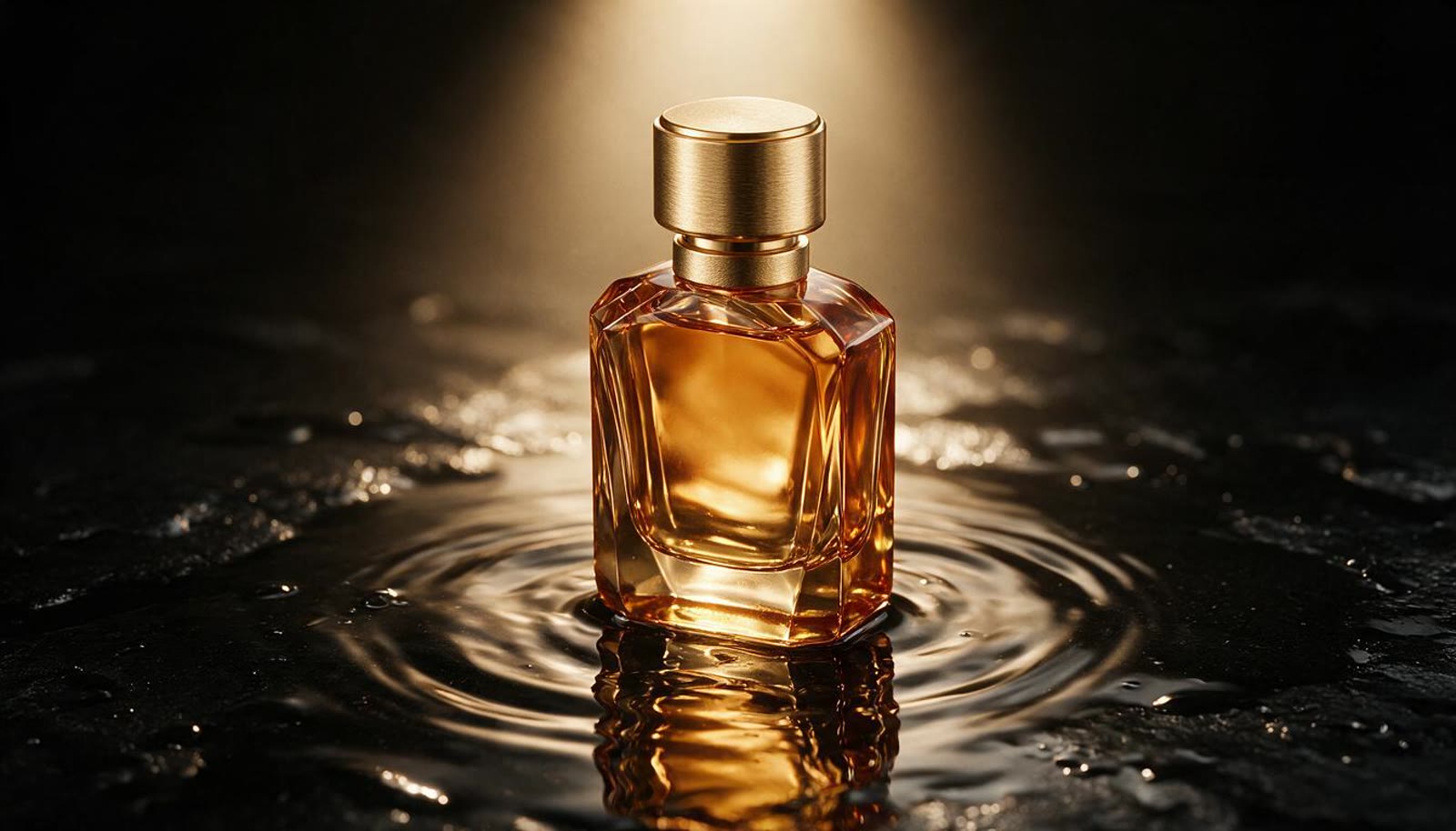 Frasco de perfume sobre piedra negra mojada