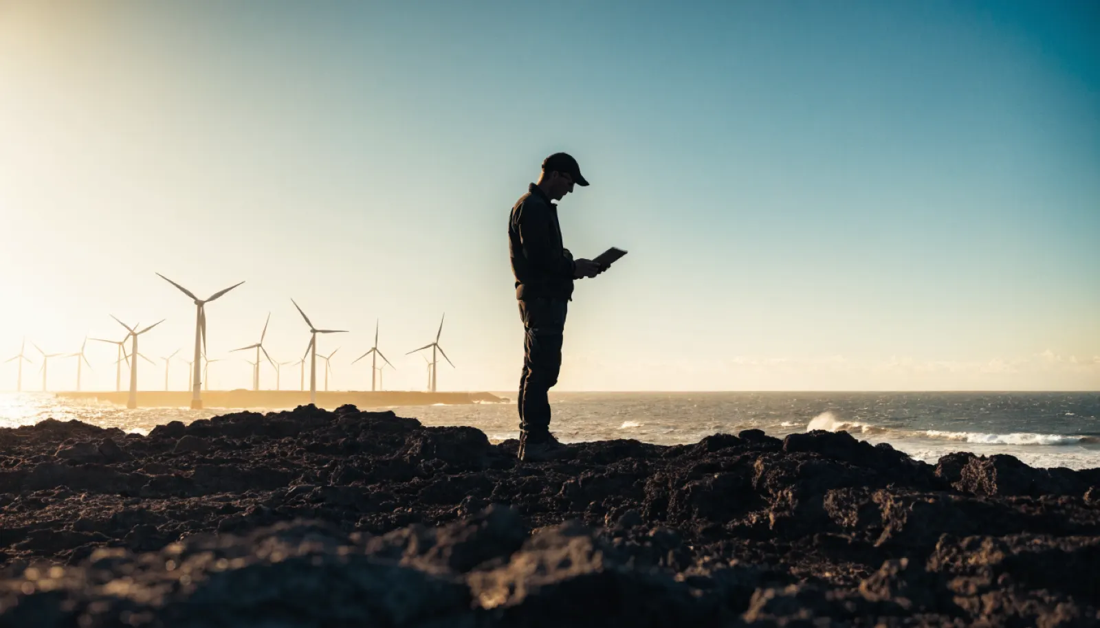 Silueta de ingeniero con tablet ante un parque eólico costero, proyecto Naturgy energía de las islas