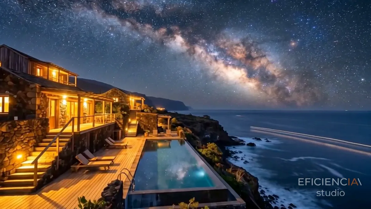 Recorrido visual nocturno de un hotel generado con IA hiperrealista