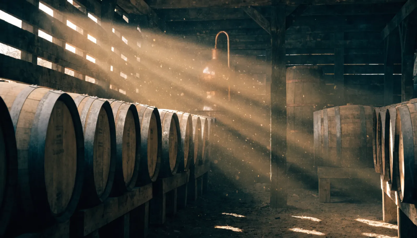 Bodega de barricas de ron de 1884 con luz ámbar, proyecto Ron Arehucas