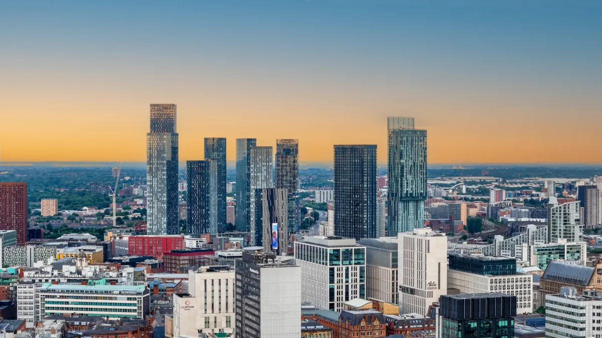Skyline of Manchester at sunset