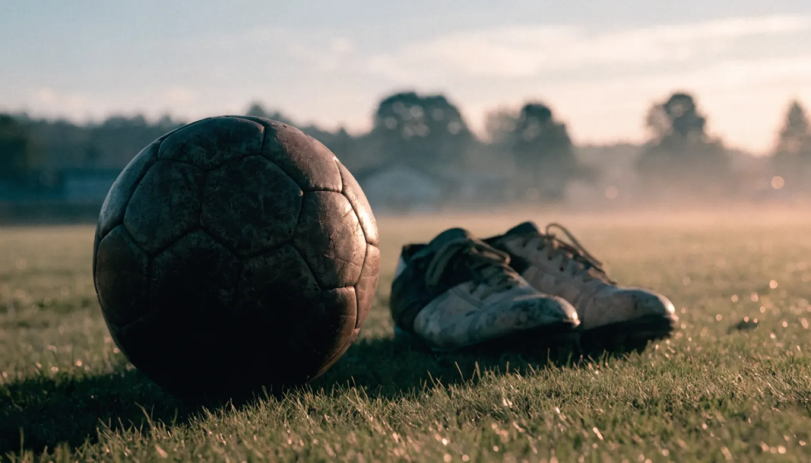 Balón de cuero antiguo sobre el césped al amanecer, historia de la UD Las Palmas
