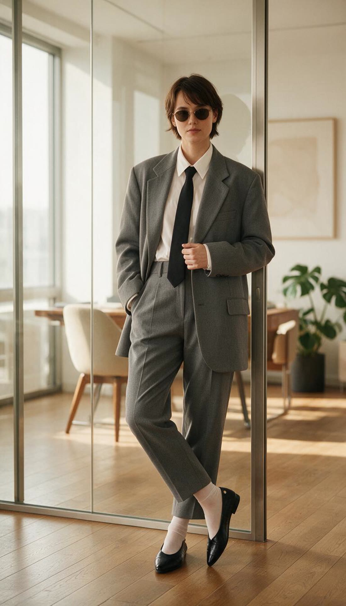 Persona con traje gris, gafas de sol y bailarinas croco XTI