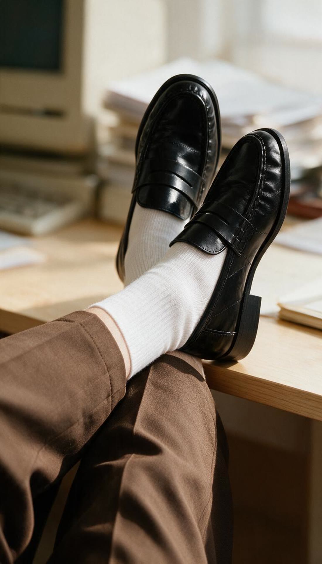 Detalle de mocasines XTI negros y calcetines blancos sobre una mesa de oficina