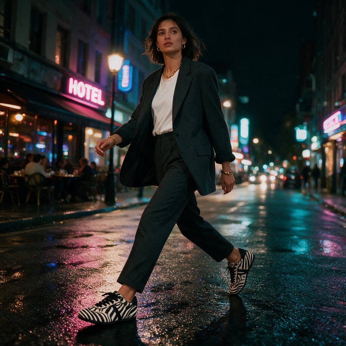Mujer cruzando una calle de noche con neones y zapatillas XTI cebra