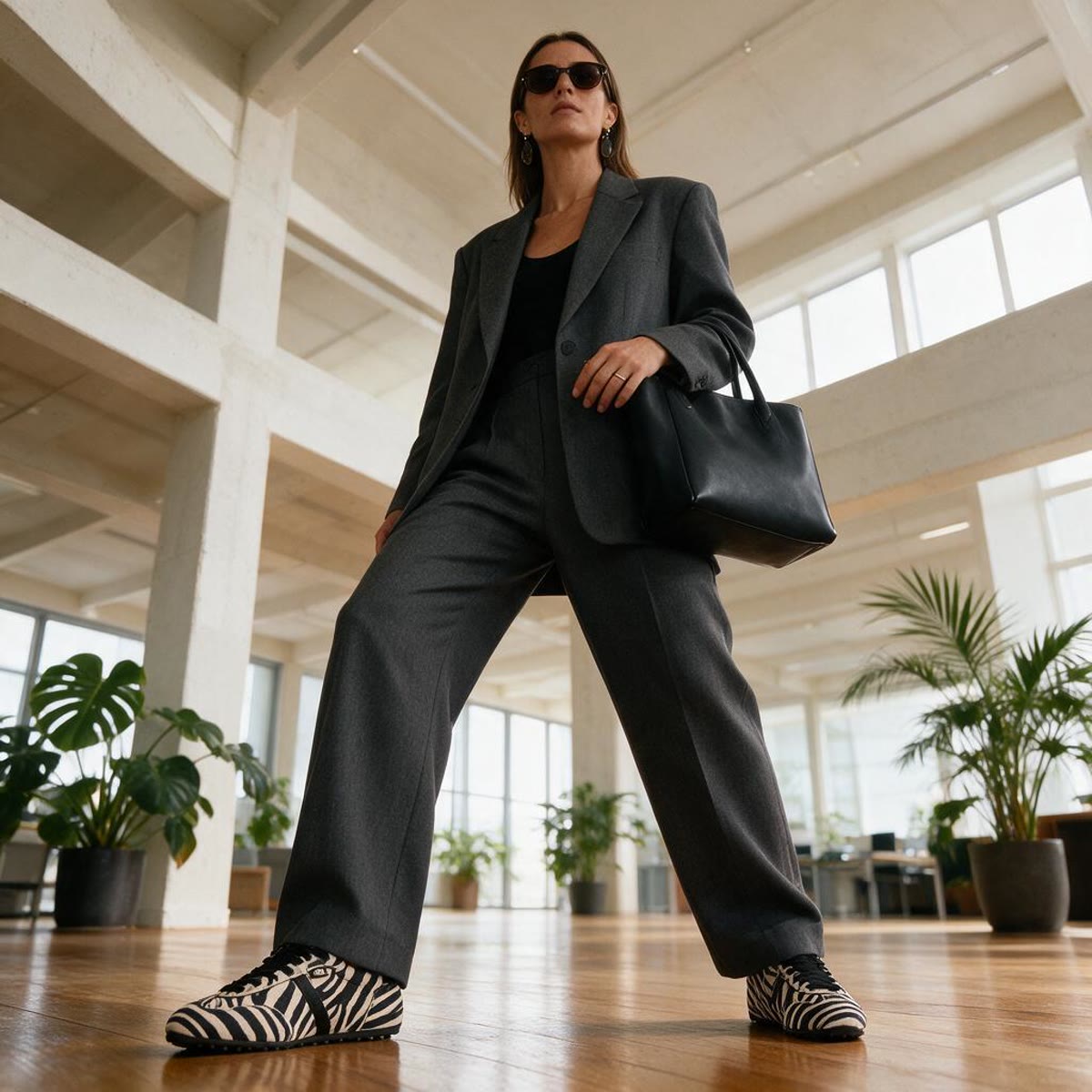 Modelo con traje gris y gafas de sol en pose de poder, calzando zapatillas XTI cebra en una oficina diafana