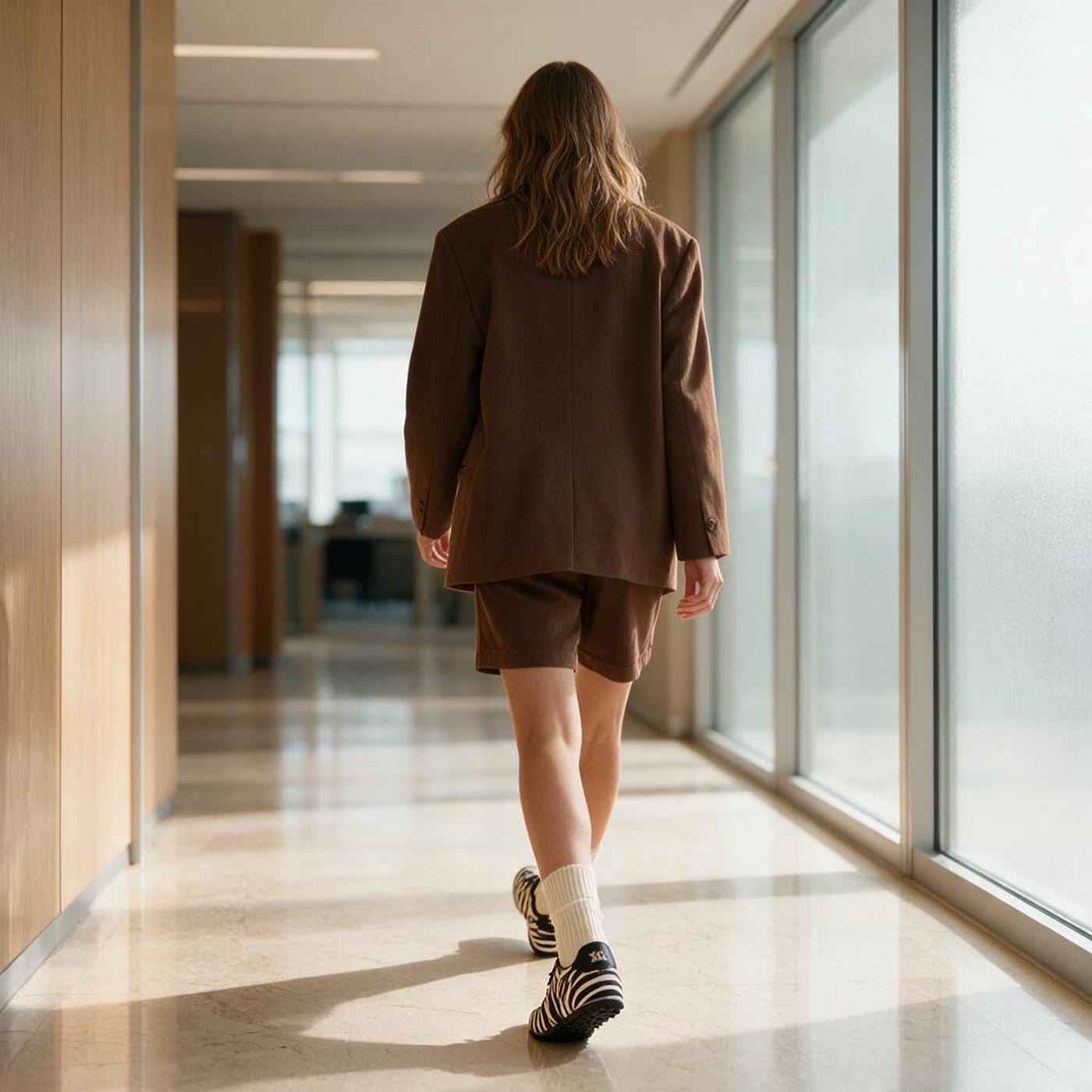 Modelo de espaldas caminando por un pasillo de oficina con zapatillas XTI cebra