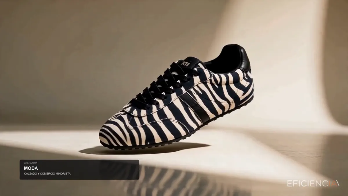 Zebra-print trainer crossing an open-plan office, frame from the AI-generated B2B showreel